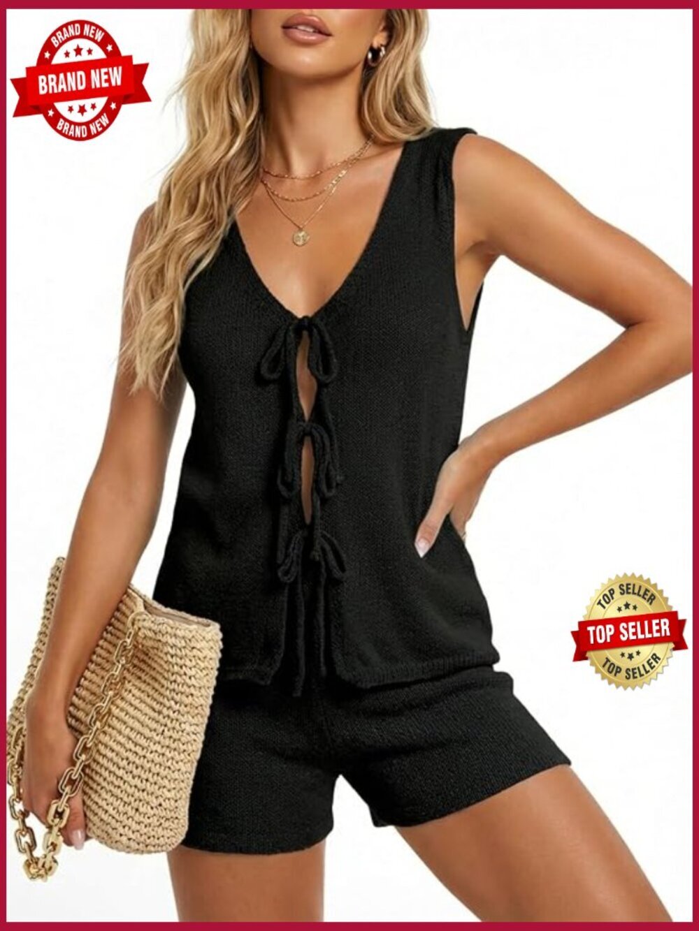 2 Piece Summer Lounge Set Tie Front Vest Knit Shorts Matching Outfit Vacation